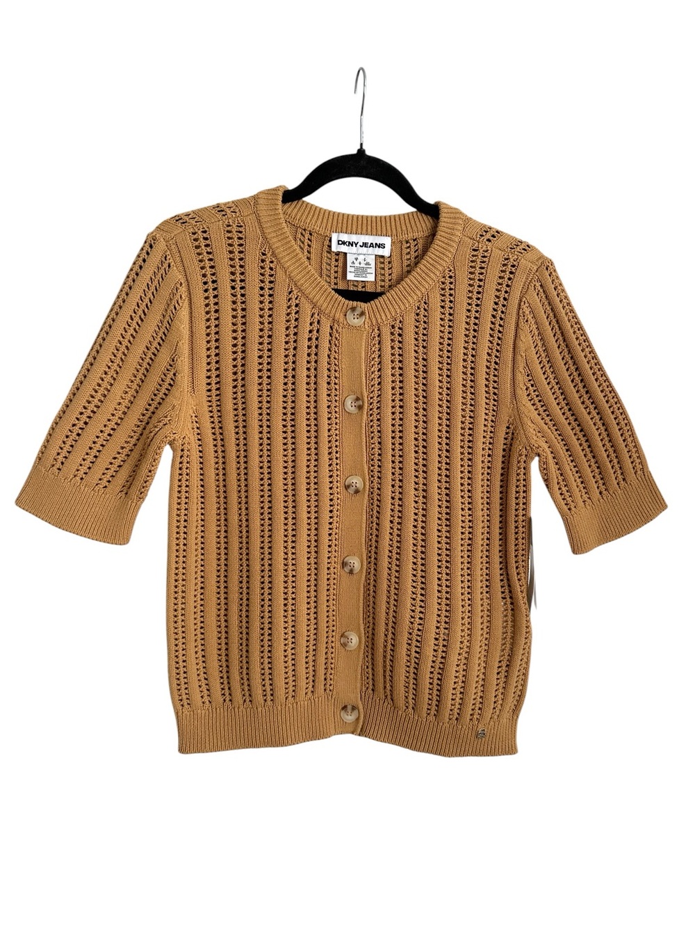 DKNY Jeans 100% Cotton Pointelle Knit Cardigan Sweater NWT Camelâ Short Sleeve S